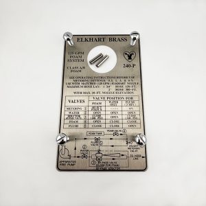 Elkhart Brass, 2" Instruction Plate for 125 GPM Portable & Inline Foam Educator. Provides Operators w/Vital guidelines & Metering Valve %. Part #80735301